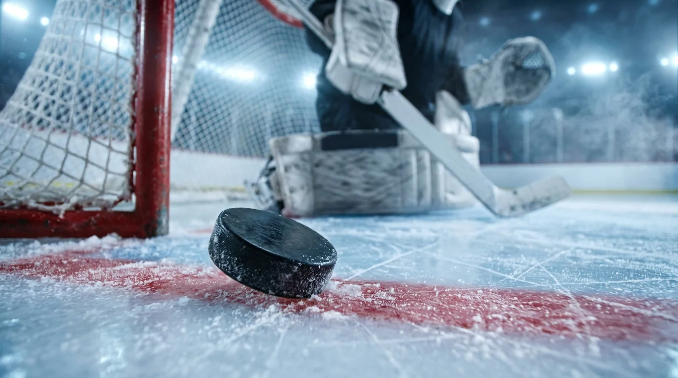 Close-up of an ice hockey puck on the goal line with a goaltender in the background