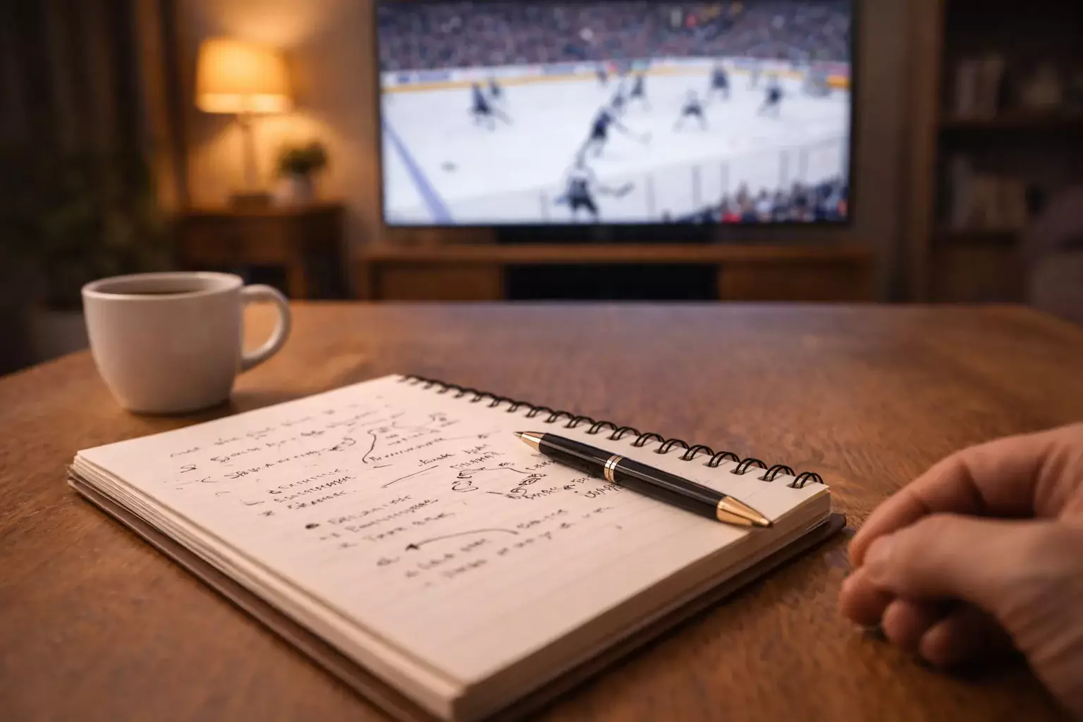 Notebook with betting strategy notes and hockey game on TV