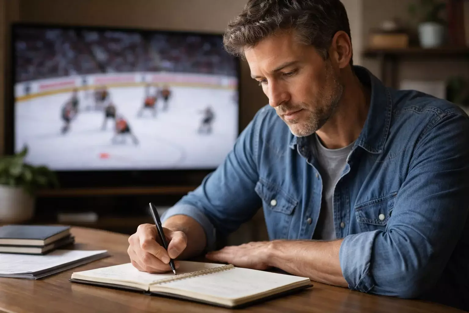 Focused sports bettor taking notes while watching hockey match