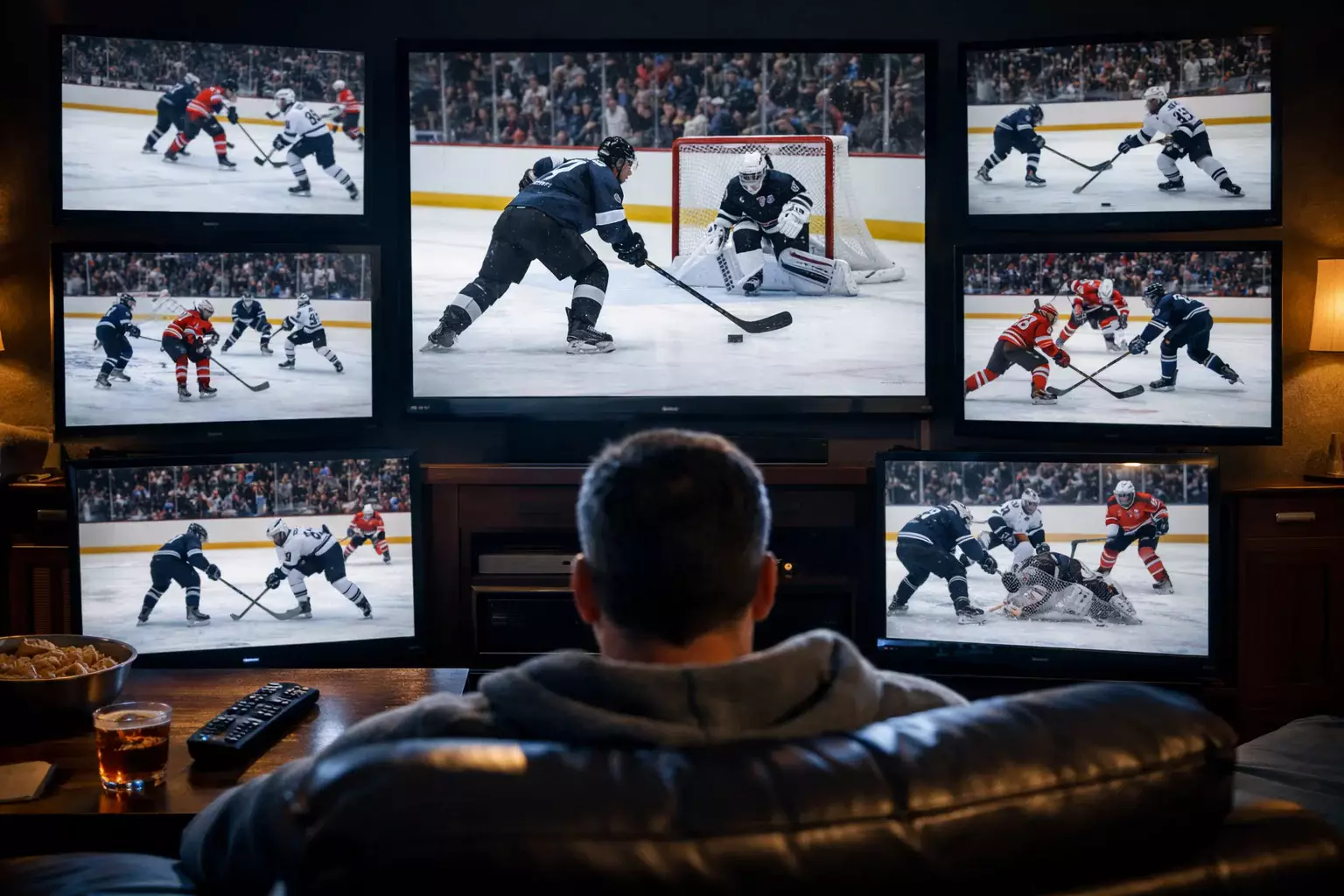 Multiple hockey game screens showing live NHL action