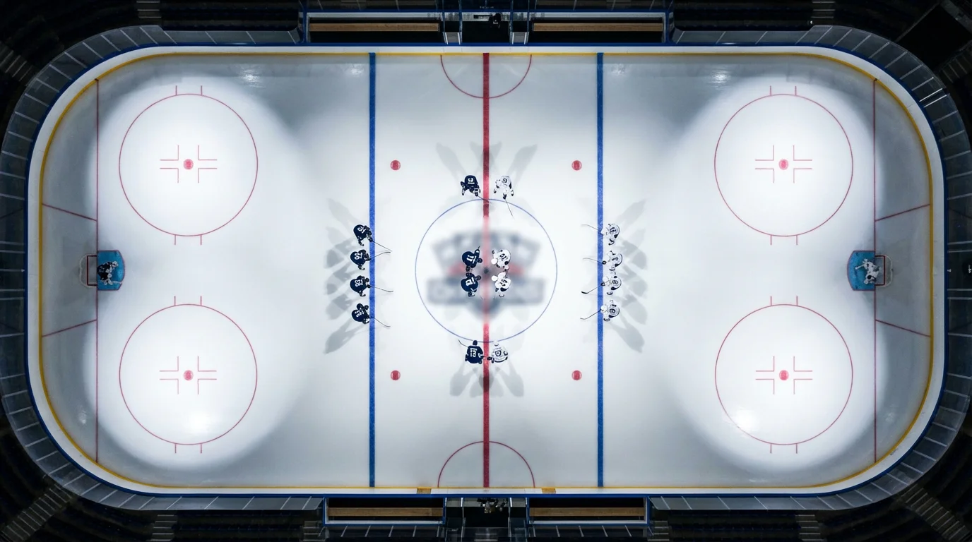 Overhead view of an ice hockey rink during a face-off with players positioned on the ice