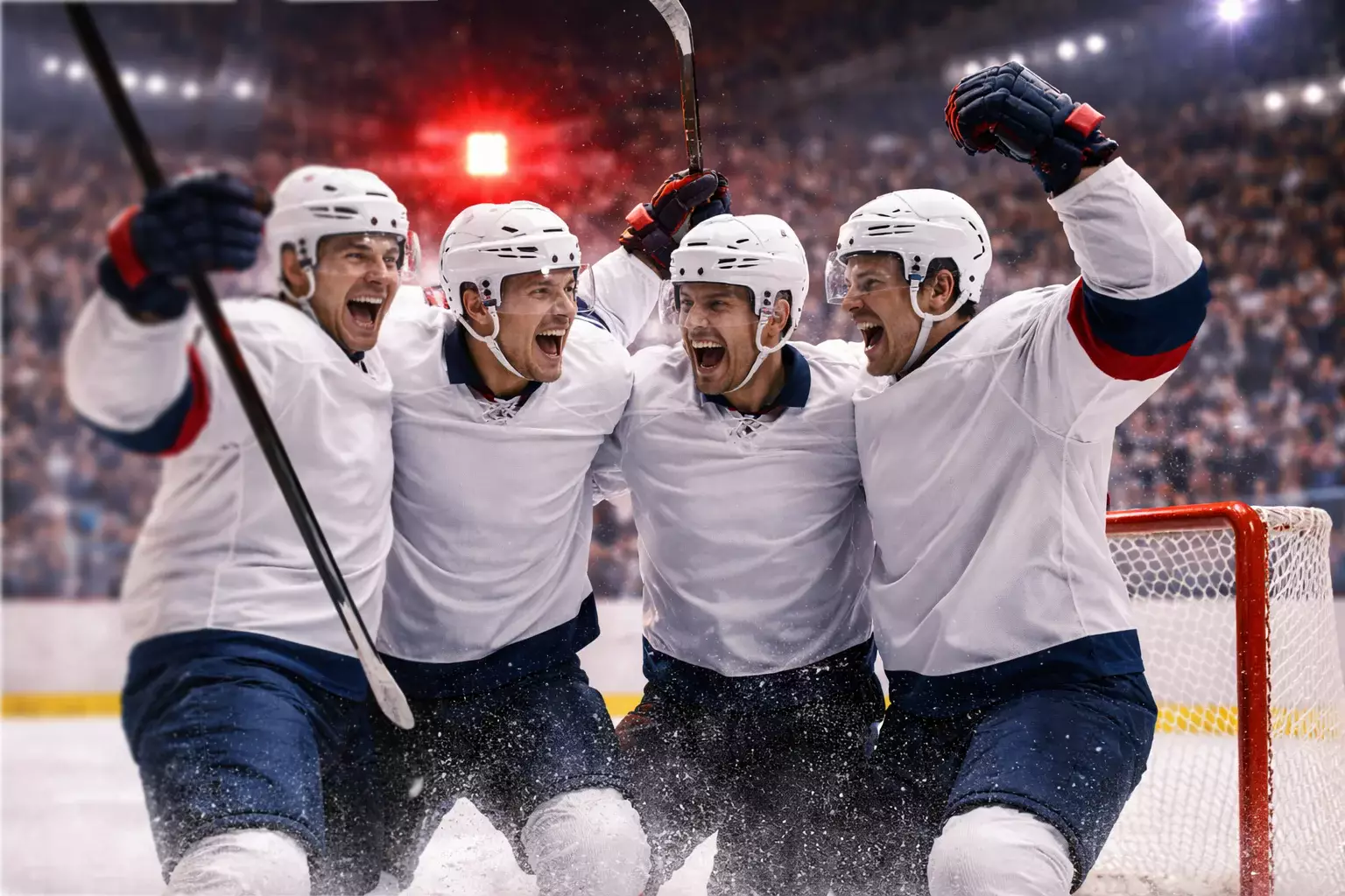 Hockey players celebrating goal on ice rink