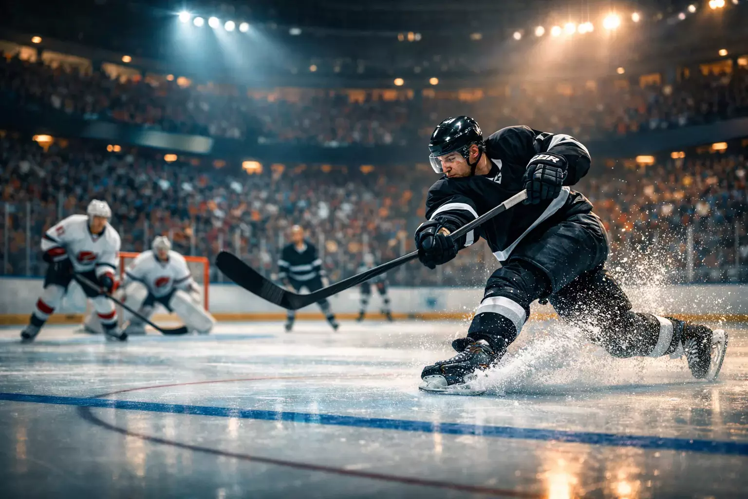 NHL hockey game action with players on ice in packed arena