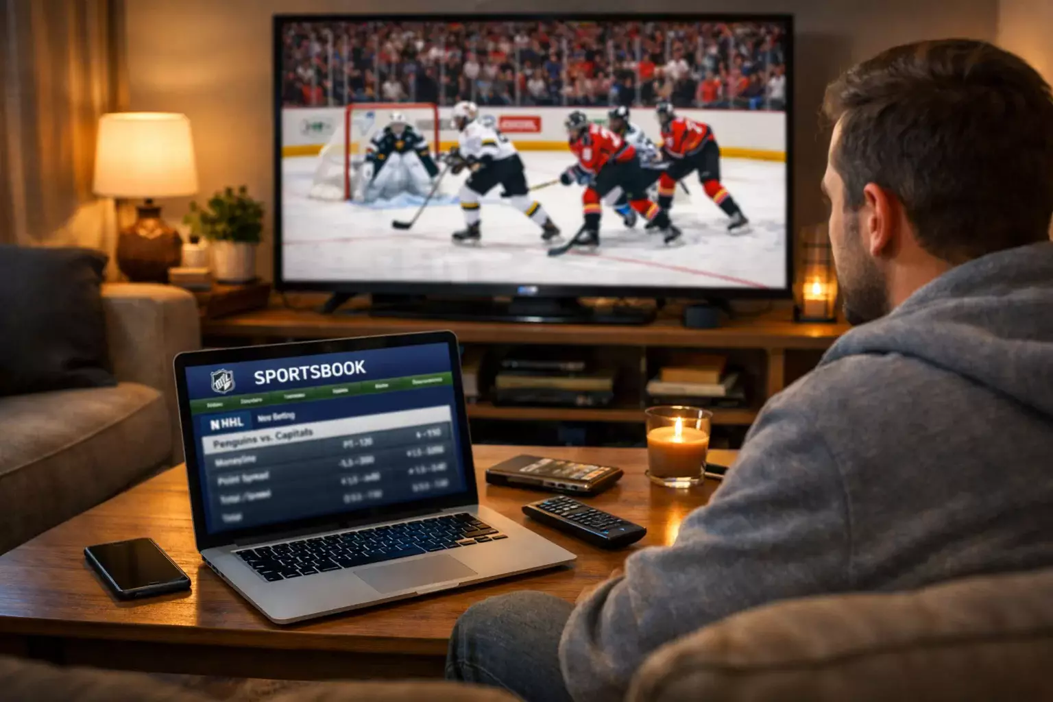 Person watching NHL game on TV with laptop showing betting lines