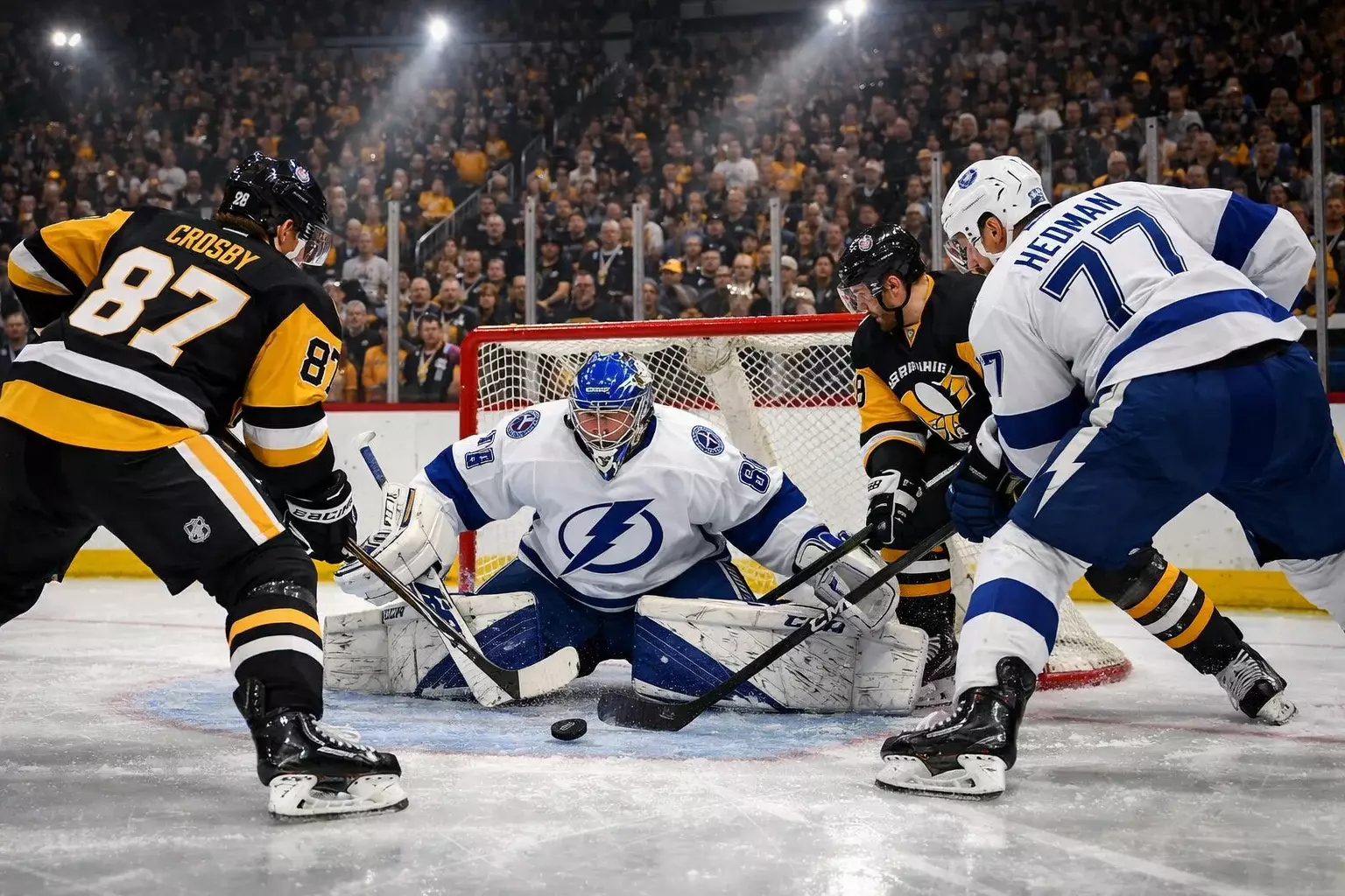 NHL playoff hockey game with players competing for the puck in front of the goal