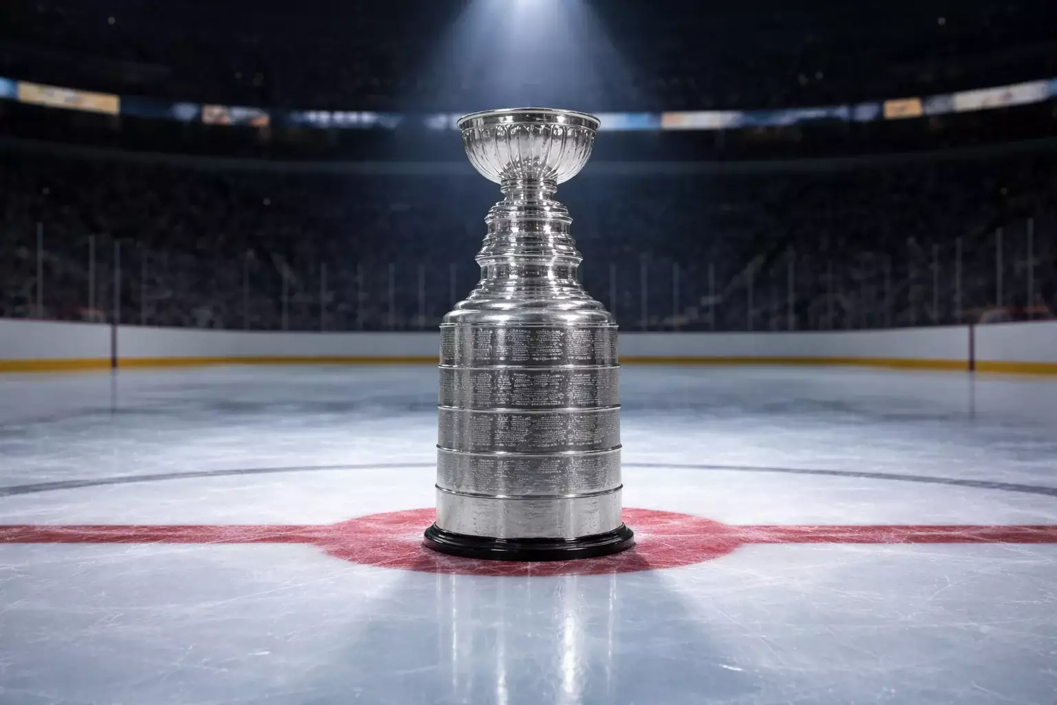 Stanley Cup trophy displayed on ice at hockey arena