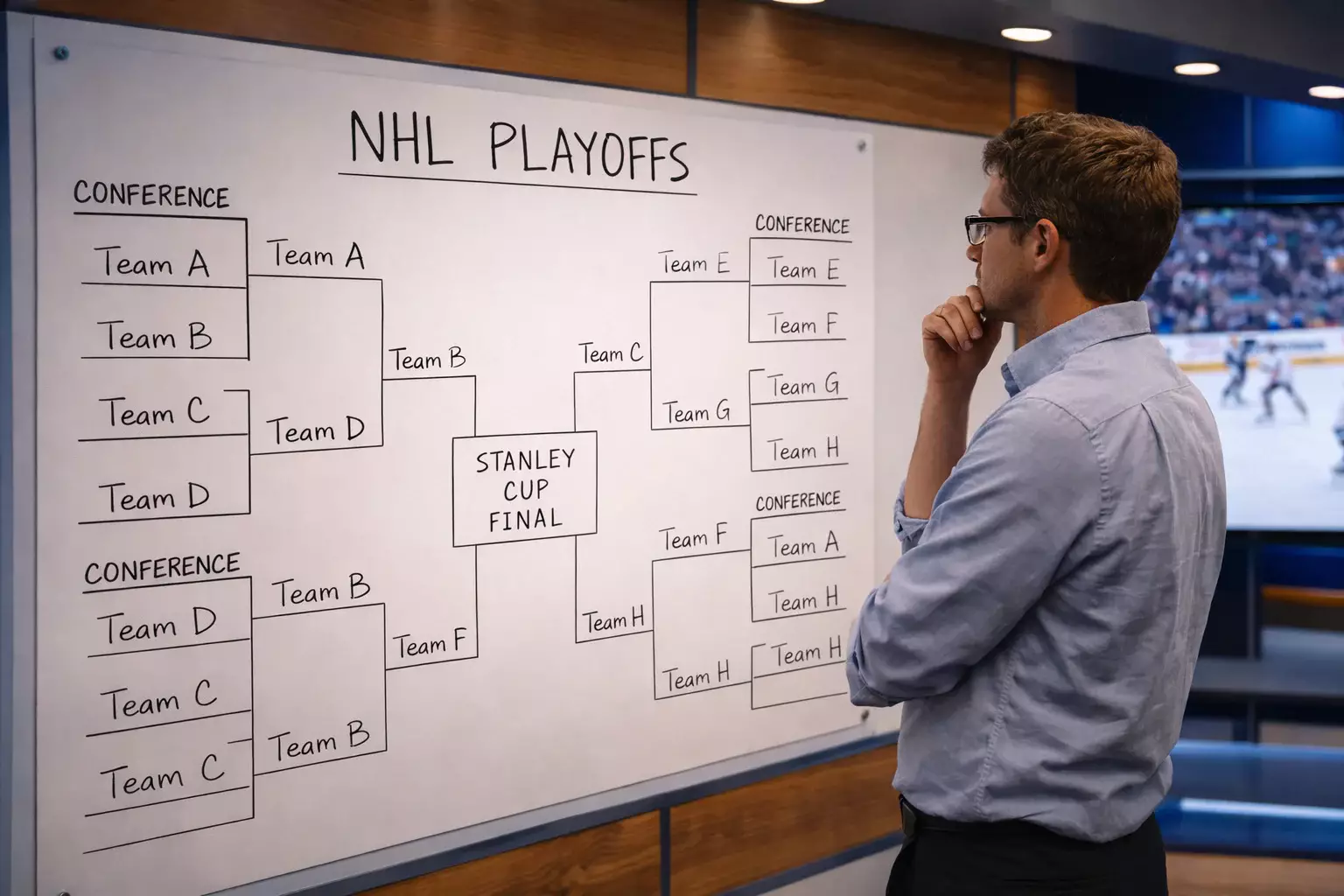 Hockey playoff bracket board showing team matchups