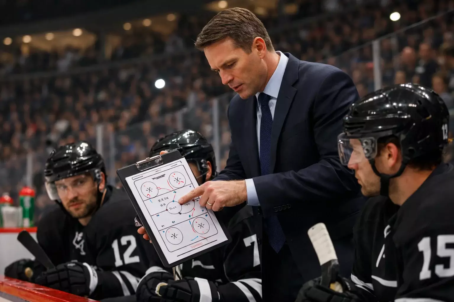 Hockey coach reviewing game strategy with players on the bench