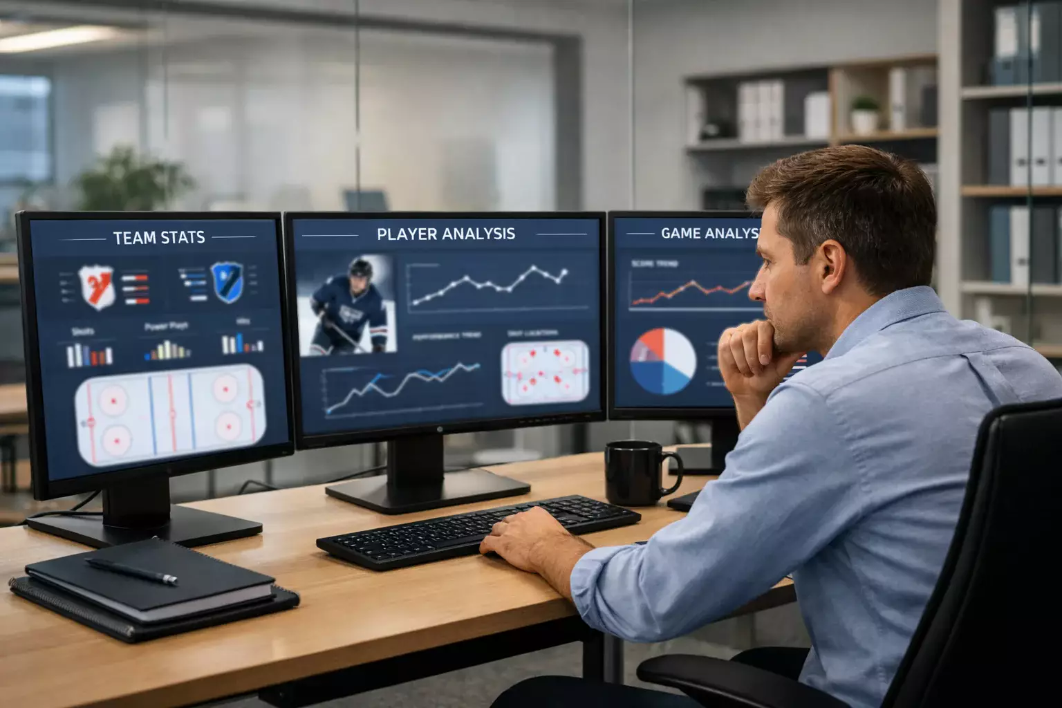 Hockey analyst studying game footage on multiple screens