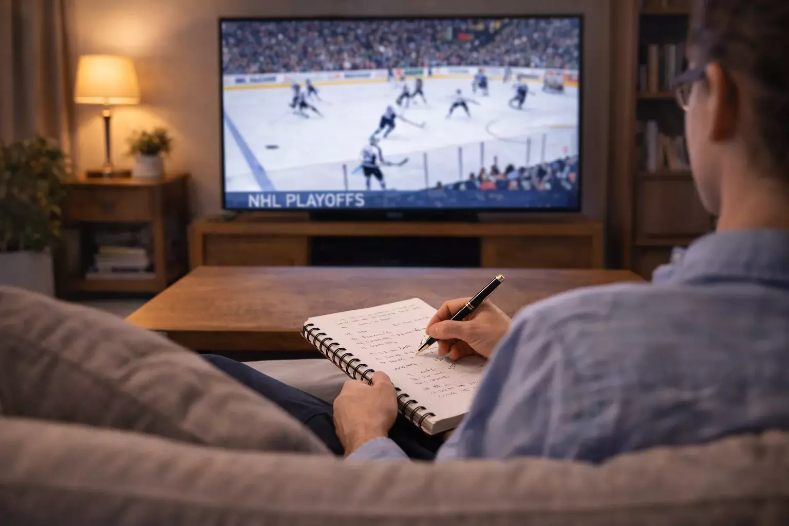 Bettor taking notes while watching NHL playoff game on television