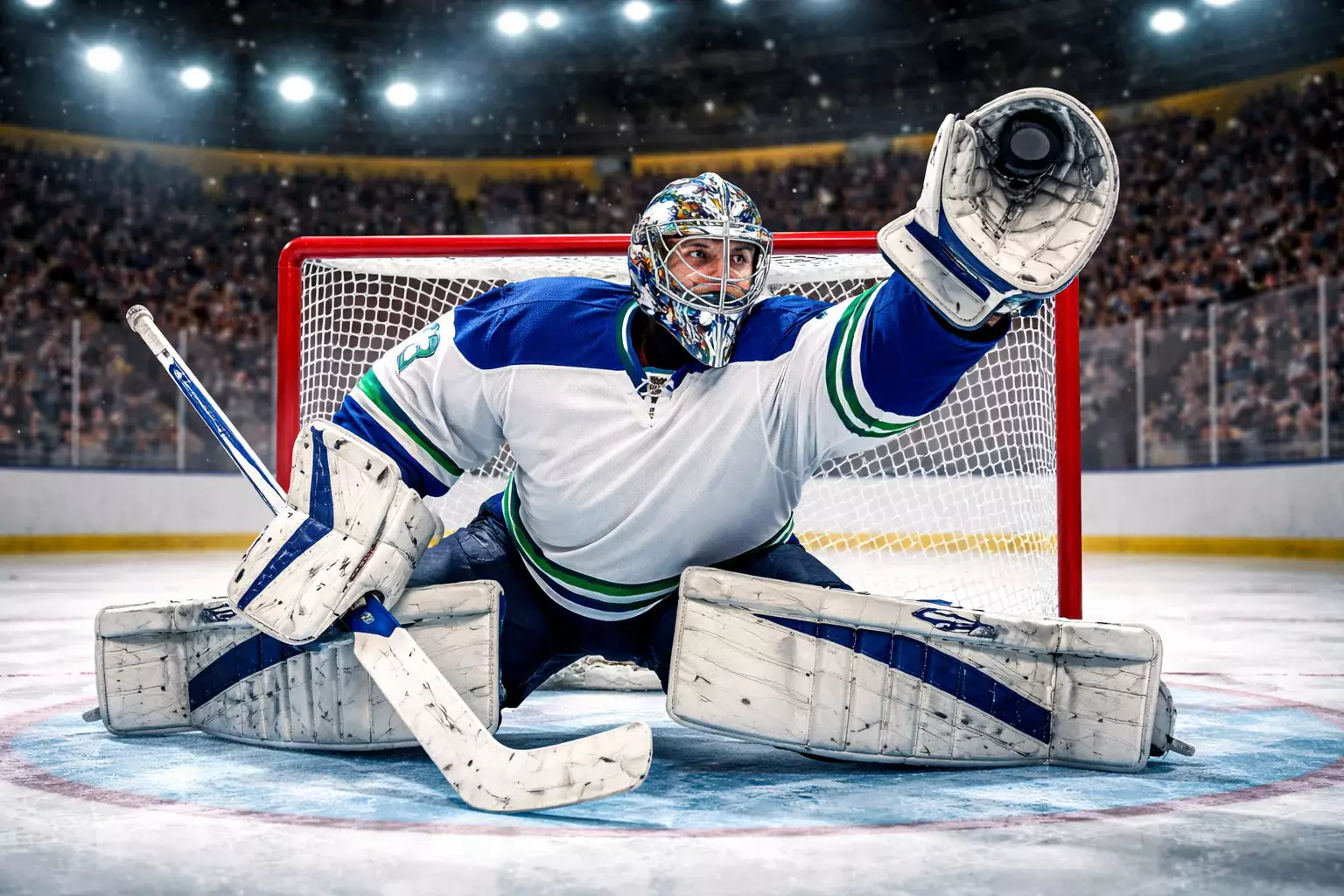 NHL goaltender making a save in the crease during game action