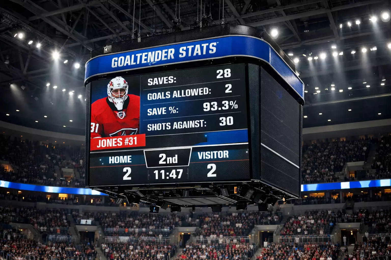 Hockey goaltender statistics displayed on arena scoreboard