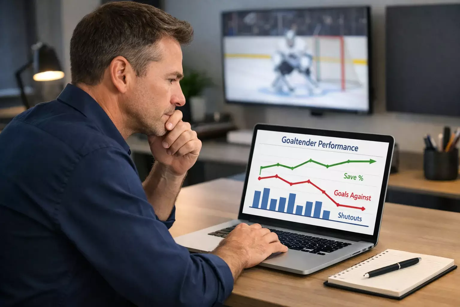 Hockey analyst reviewing goaltender performance data on laptop