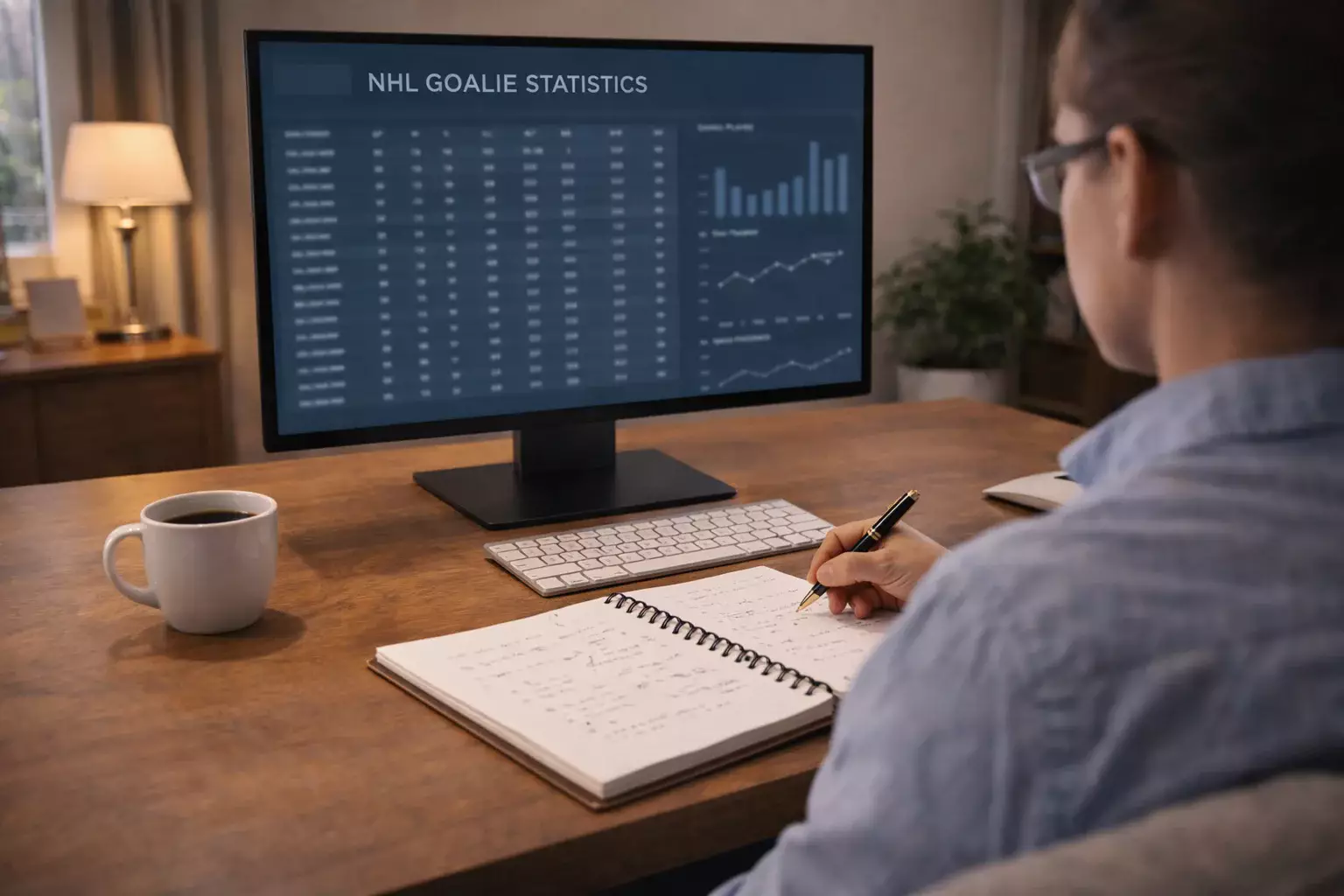 Person studying NHL goalie stats with notebook and screen
