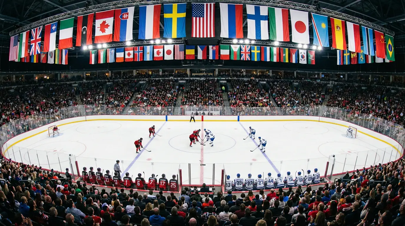 International ice hockey game on a wide Olympic-sized rink with national team flags