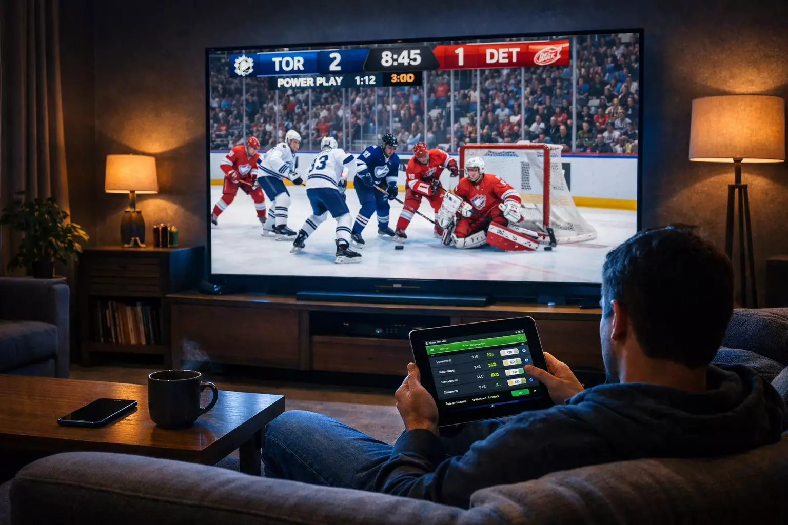 Fan watching NHL game on large screen with betting app