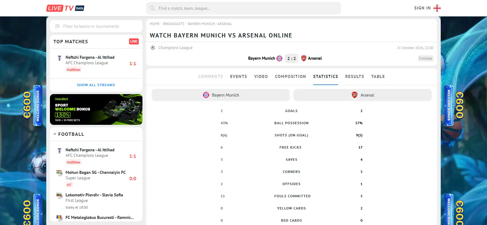 Football match centre with result details and team statistics