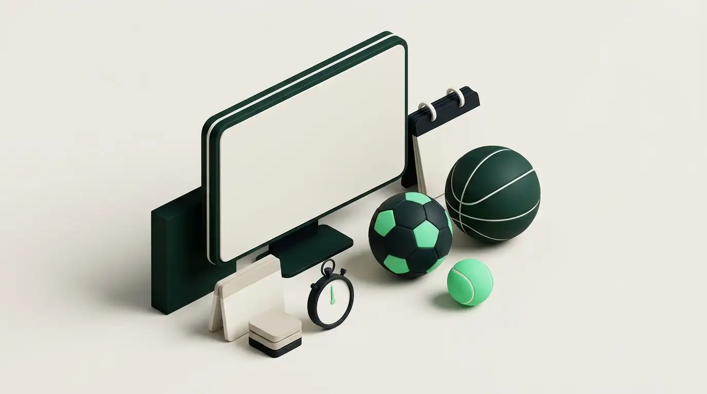 Abstract sports information display alongside football and basketball equipment