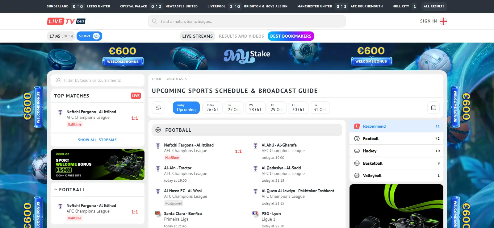 LiveTV sports calendar with date selection and several sporting categories
