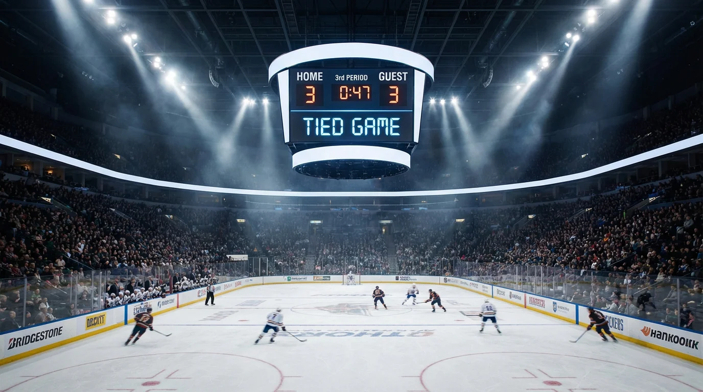 Scoreboard showing a tied hockey game in the third period with players on the ice