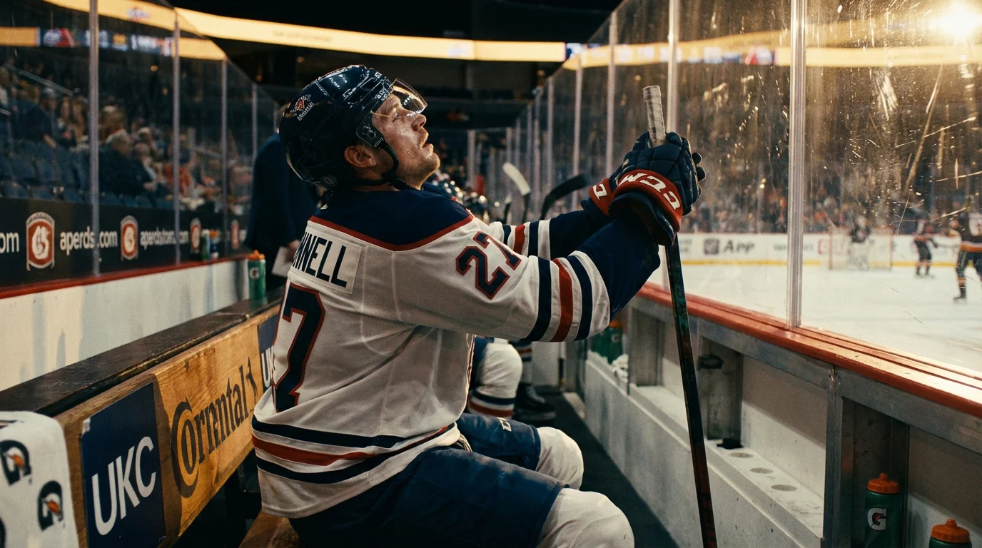 Tired ice hockey player sitting on the bench during a game leaning on his stick