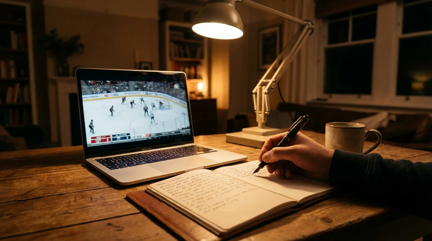 A person writing in a notebook next to a laptop showing a hockey game broadcast