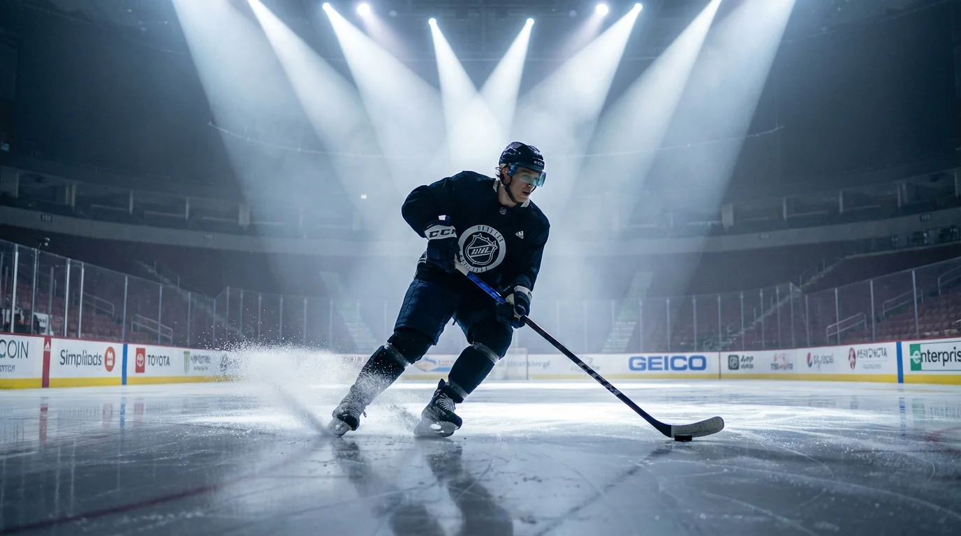 Ice hockey player skating with the puck under arena spotlights during an NHL game