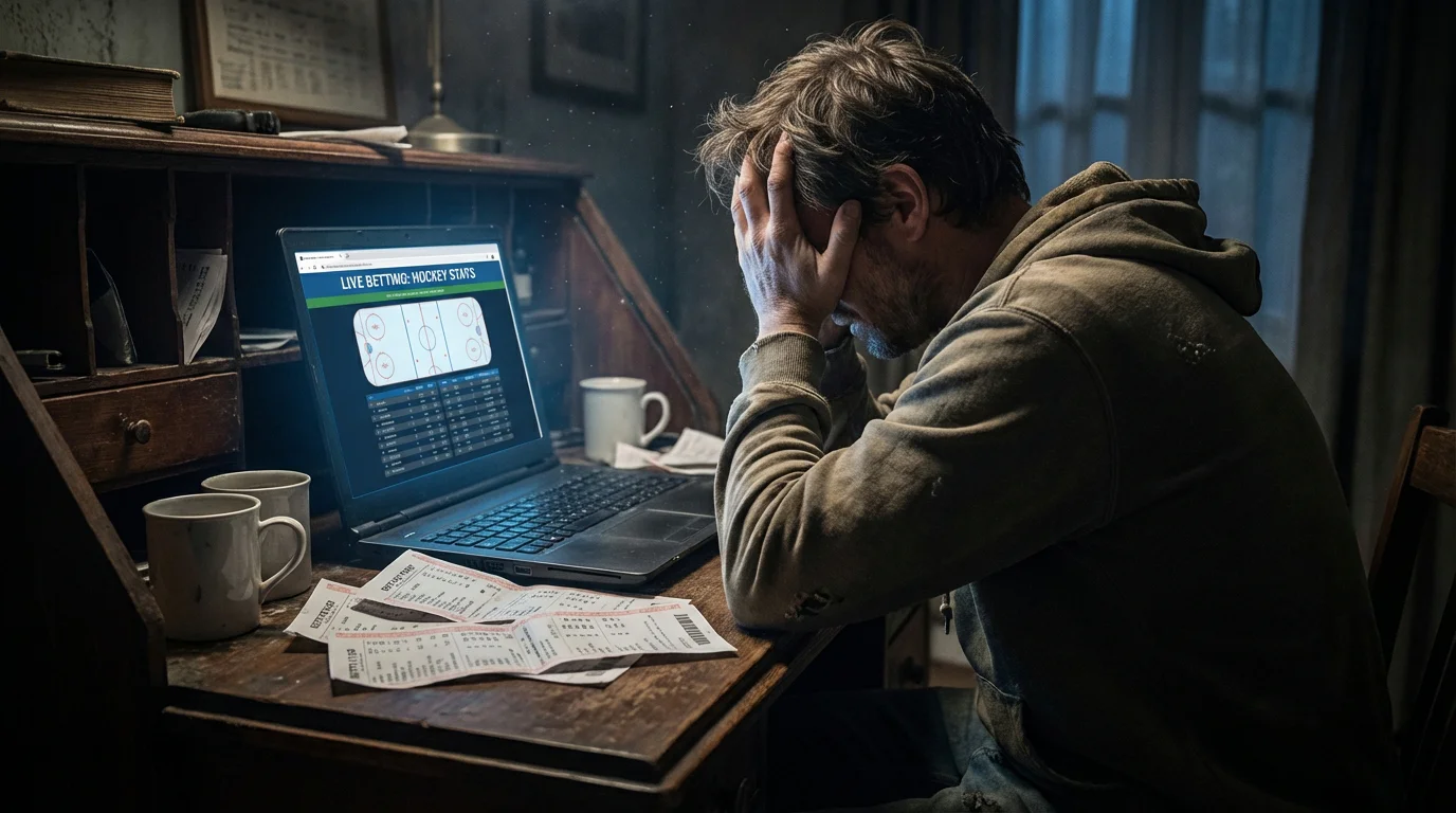 Frustrated sports bettor with head in hands at a desk with betting slips