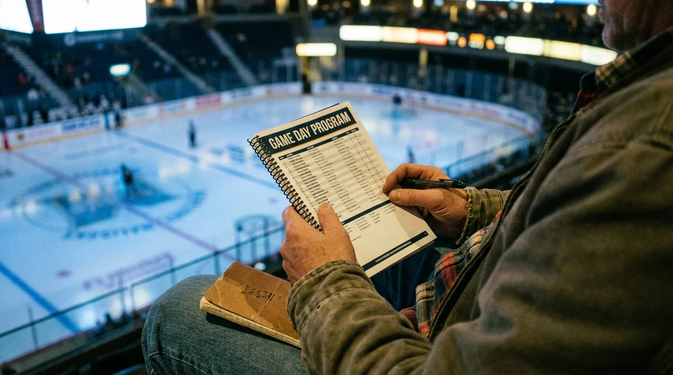 Person studying a hockey game program with a notepad at an arena