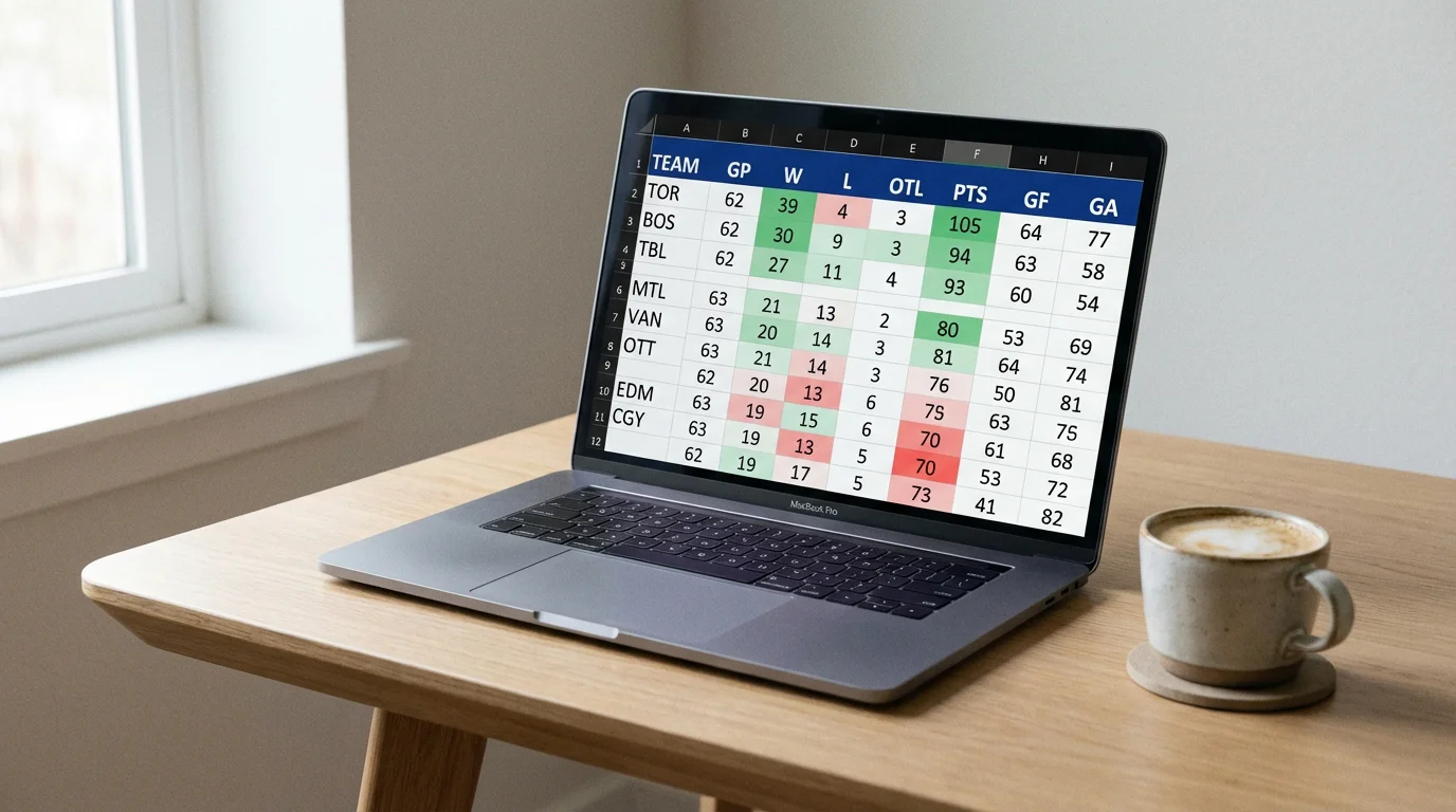 Laptop screen showing a hockey analytics spreadsheet with team statistics