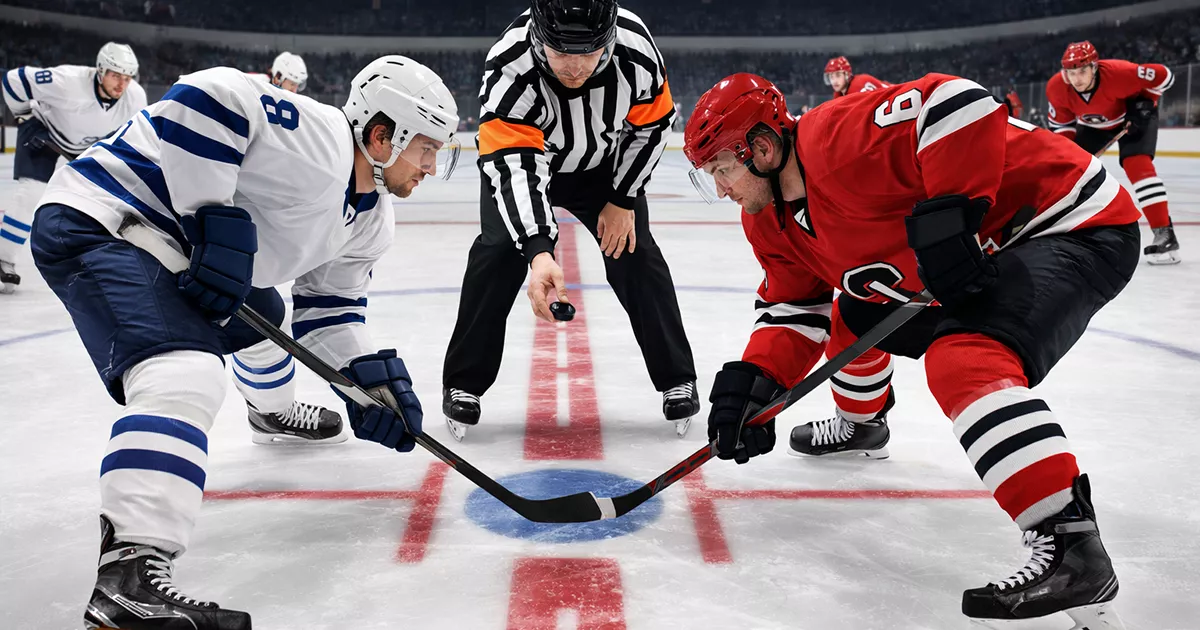 Opening face-off of an NHL game with the referee dropping the puck between two players