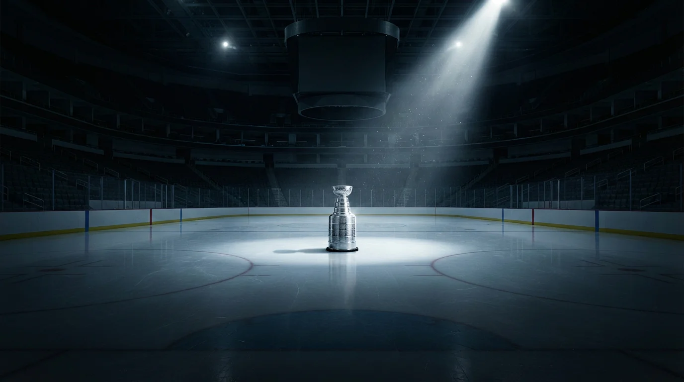 The Stanley Cup trophy illuminated under arena spotlights on the ice
