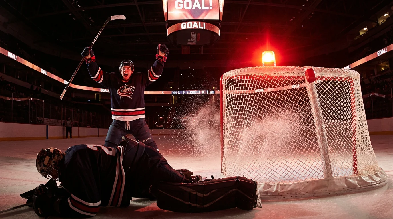 Ice hockey player celebrating after scoring a goal with the red goal light on