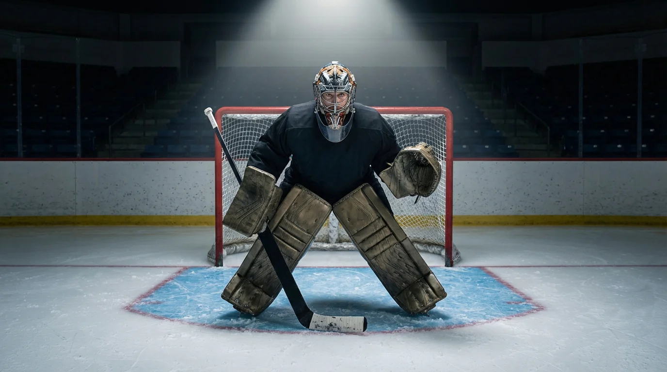 NHL goaltender in full gear focused and ready in the crease
