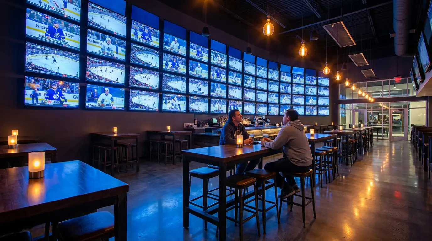 Multiple ice hockey games shown on screens in a sportsbook viewing area