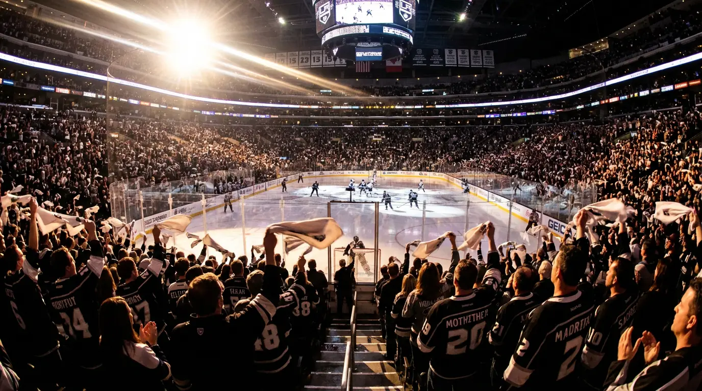 Roaring hockey fans in an arena waving towels under bright stadium lights
