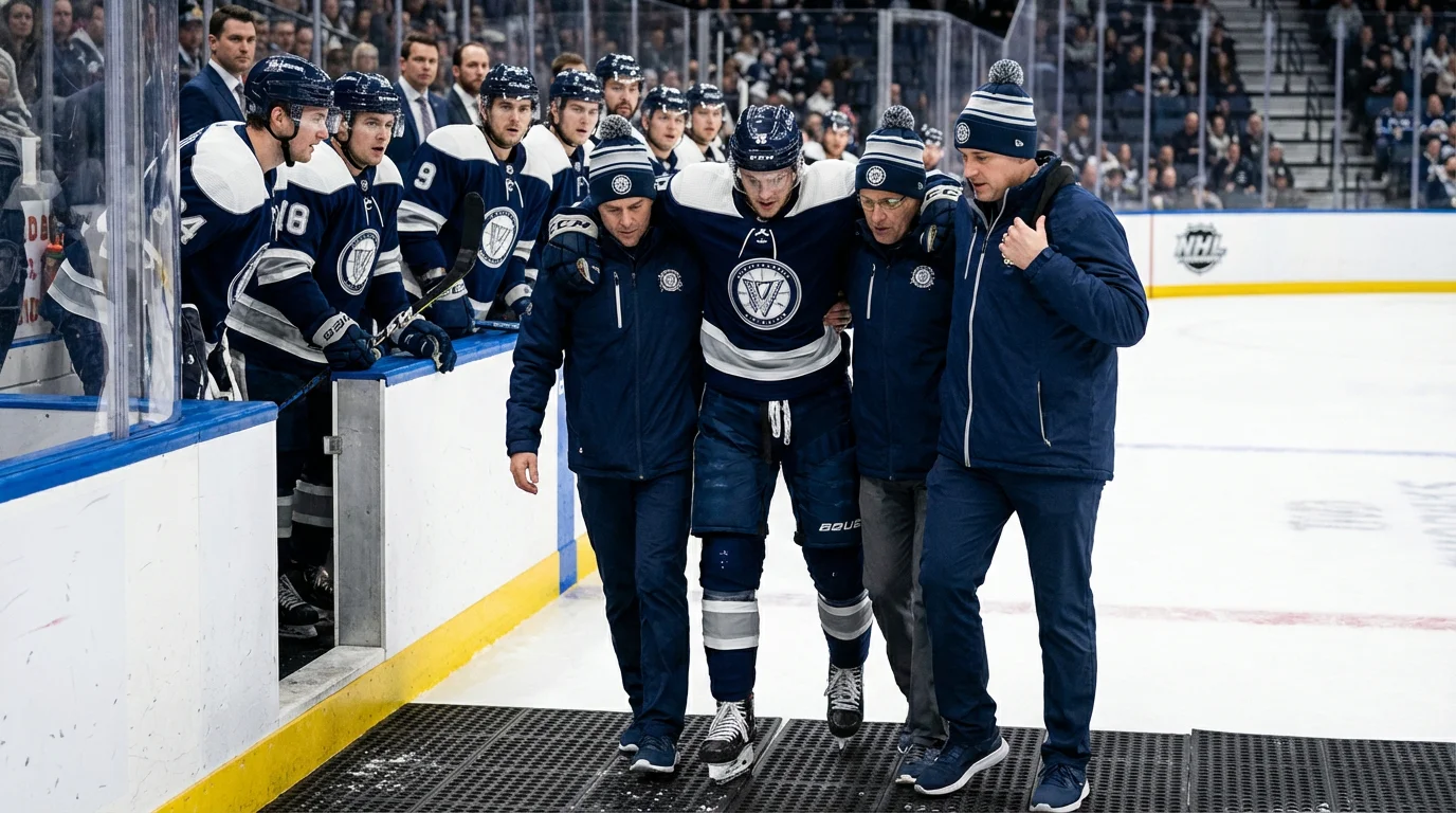 Injured ice hockey player being helped off the ice by team staff