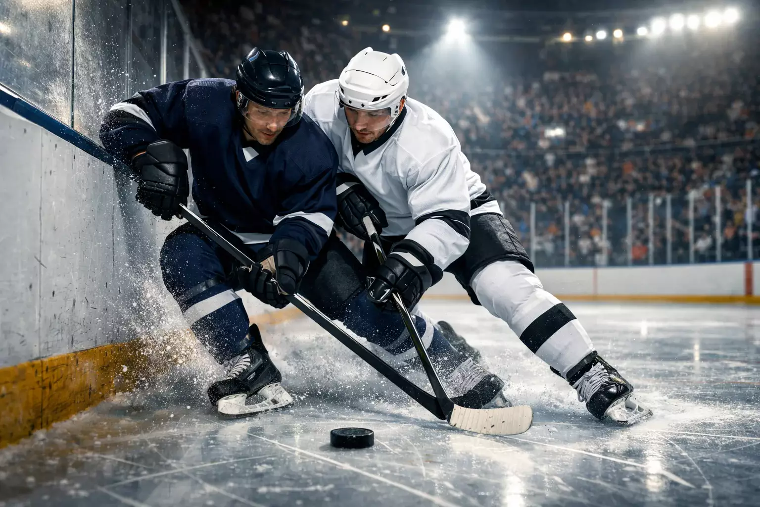 NHL hockey game in progress with players battling for puck