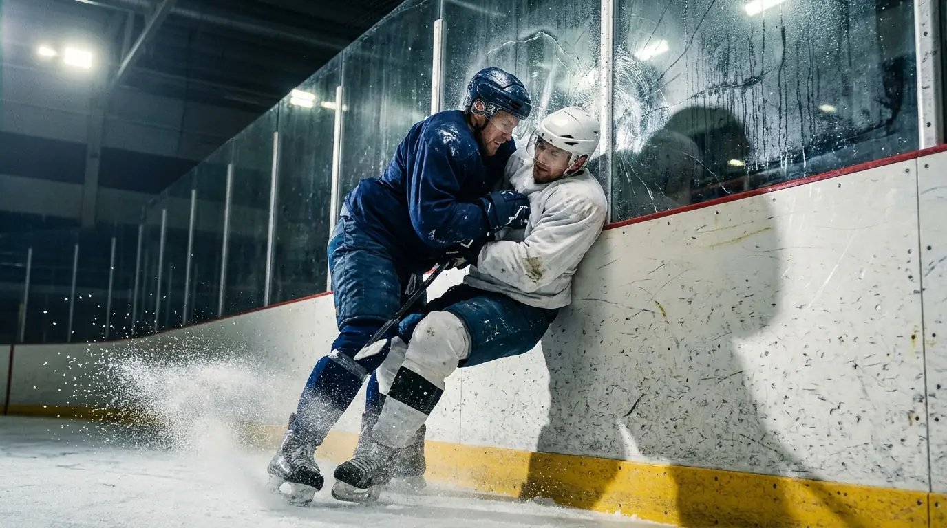 Intense NHL game action with players battling for the puck near the boards