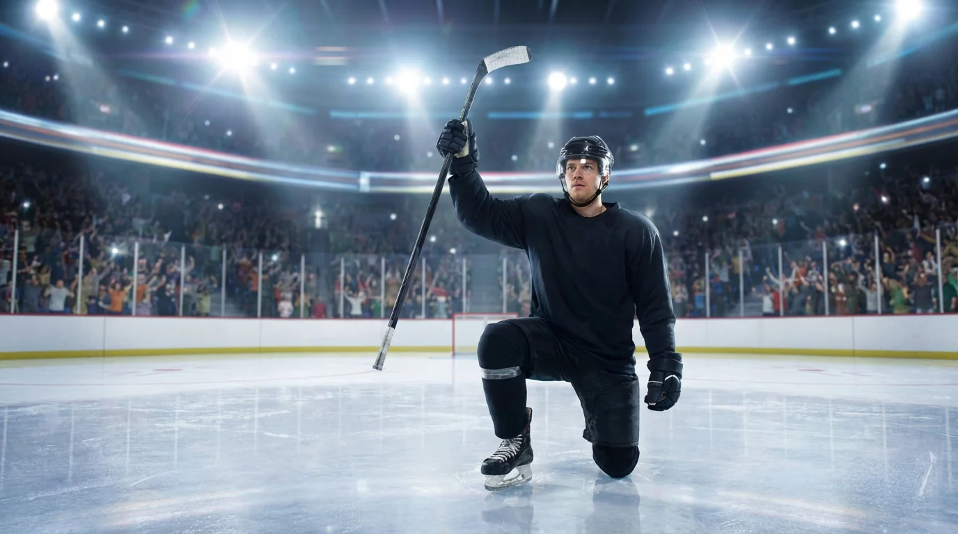 Hockey player celebrating a winning goal on the ice during an NHL game