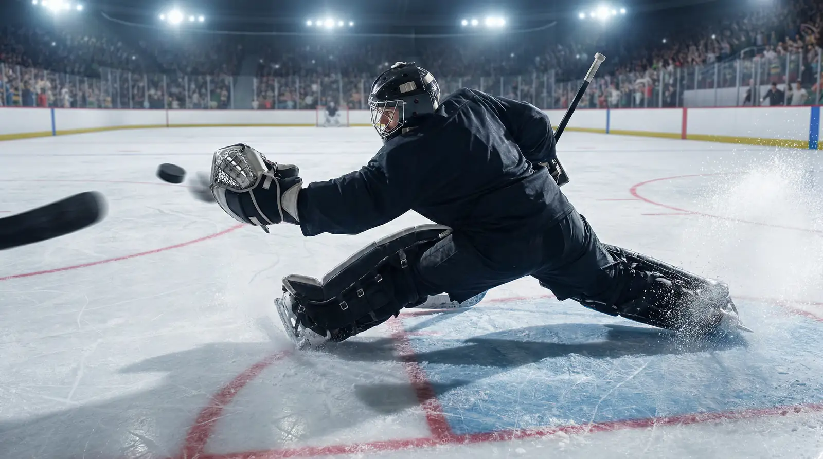 NHL goaltender making a glove save during a fast-paced hockey game