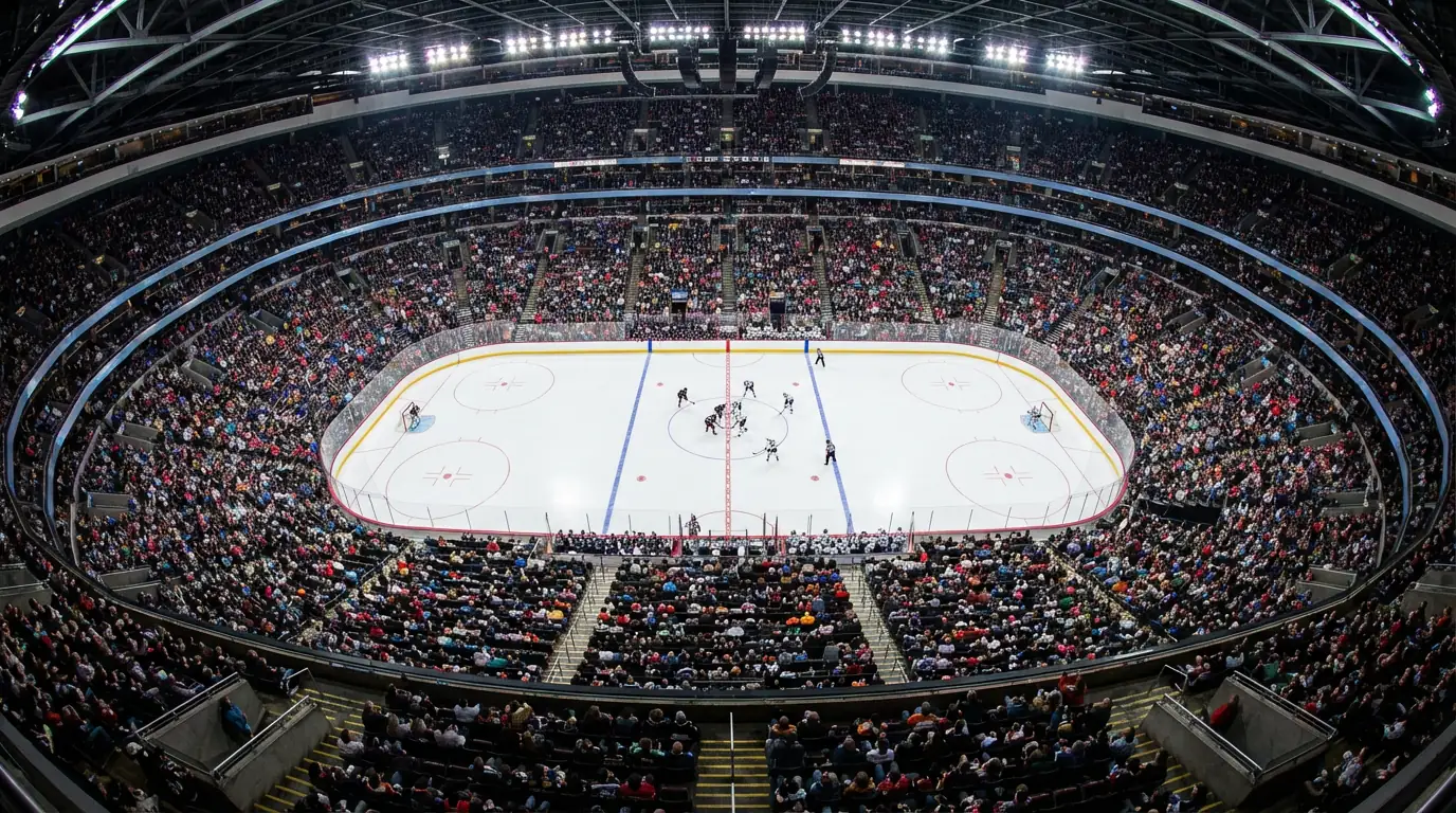 Overhead view of an NHL arena during a packed evening hockey game