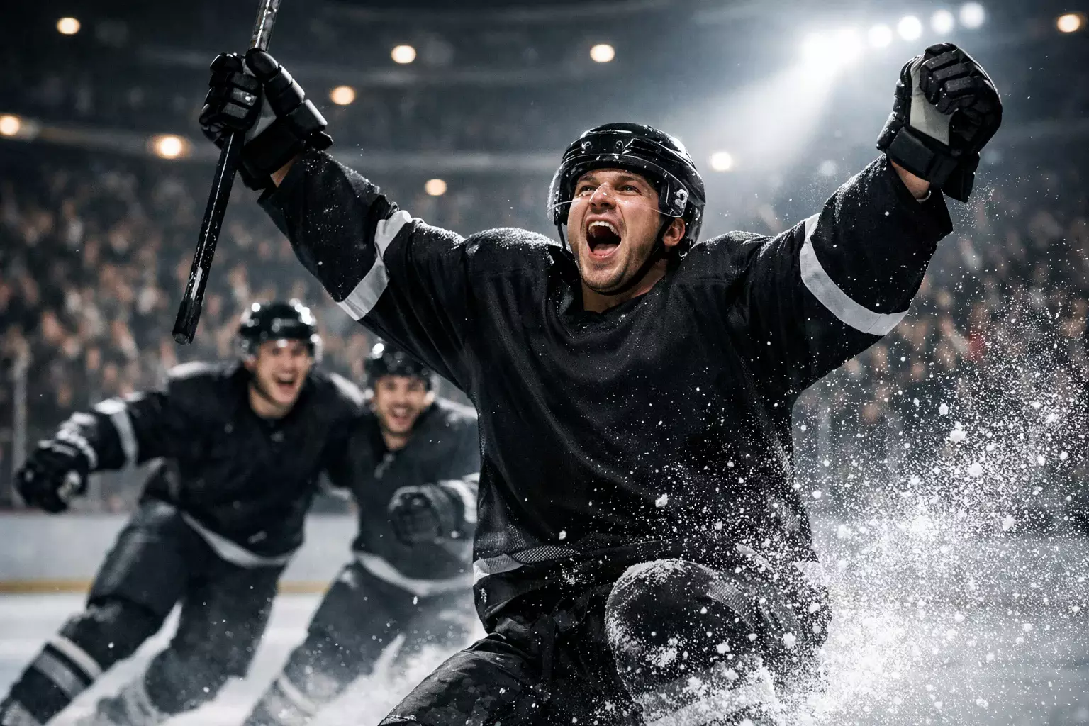 NHL player celebrating goal with teammates on ice