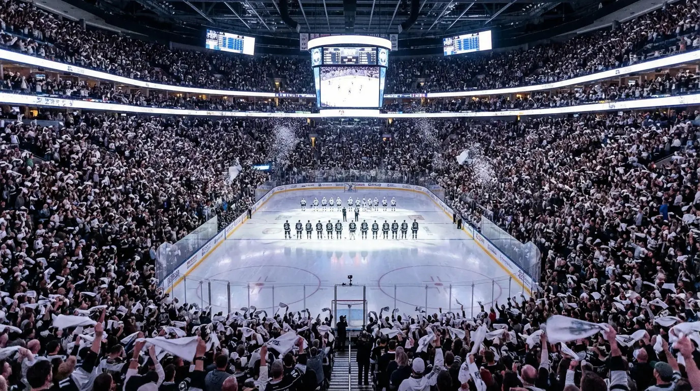 Packed NHL arena during an intense playoff hockey game with fans cheering