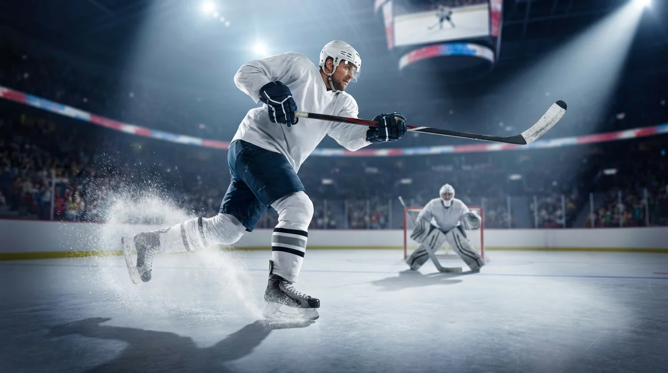 Hockey forward taking a powerful shot on goal during an NHL game