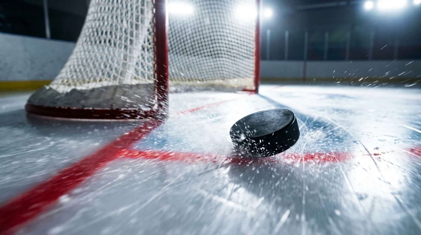 Close-up of a hockey puck sliding across the ice near the goal crease