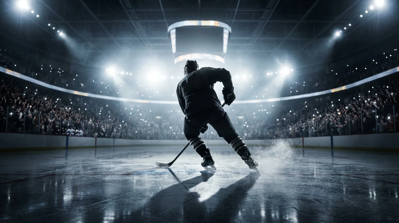 Hockey player skating intensely back to face his former team in a packed arena