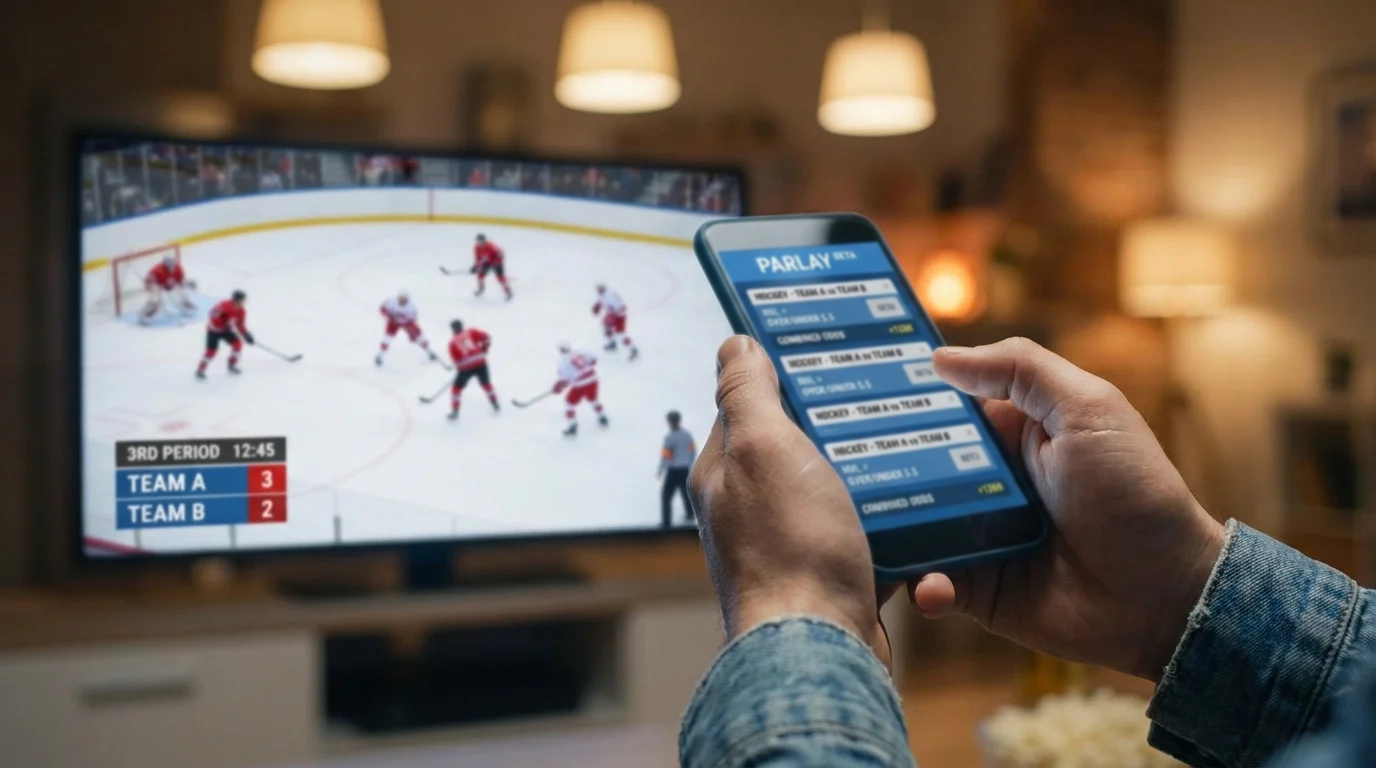 Hockey fan studying a betting slip with an NHL game on screen in the background