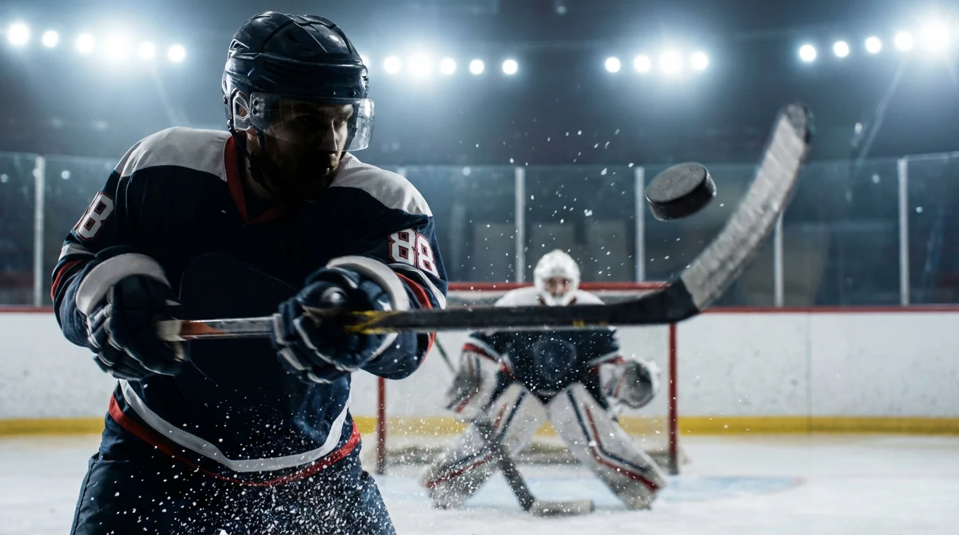 Hockey player taking a powerful shot on goal during an NHL game