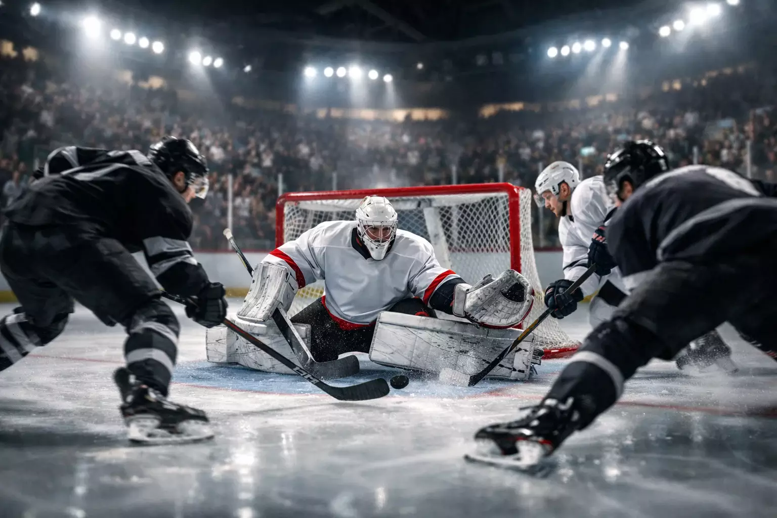 Intense NHL overtime hockey action with players battling for puck